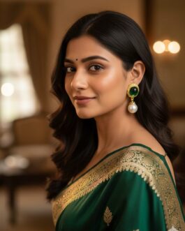 Green Gemstone & Pearl Drop Earrings