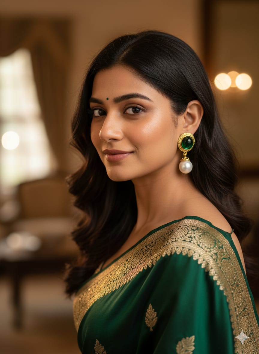 Green Gemstone & Pearl Drop Earrings
