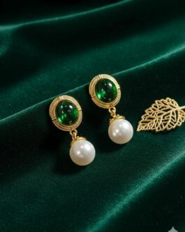 Green Gemstone & Pearl Drop Earrings