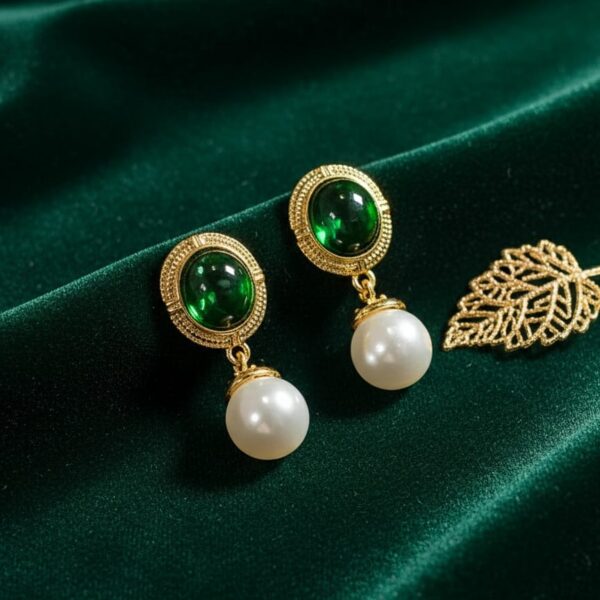 Green Gemstone & Pearl Drop Earrings