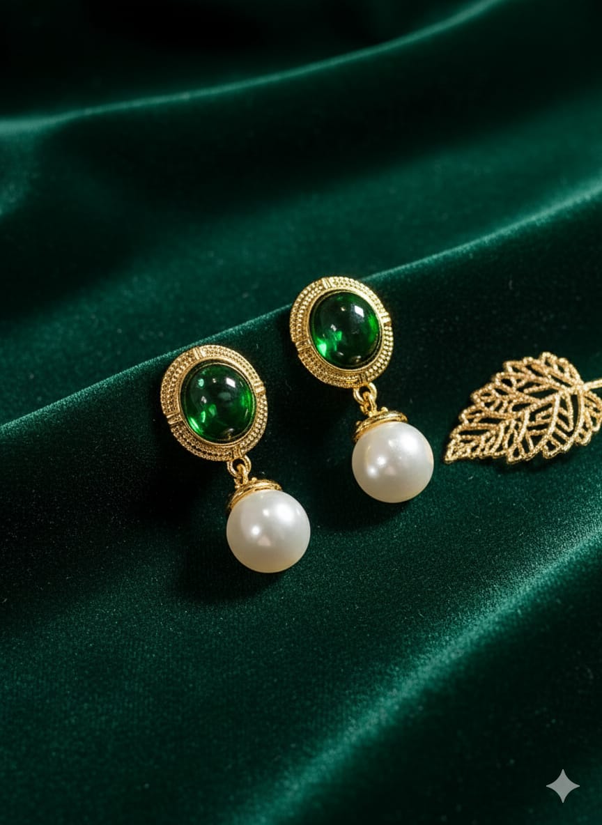 Green Gemstone & Pearl Drop Earrings